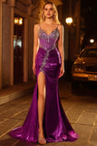 Dark Purple Glitter Beaded Mermaid Corset Long Prom Dress with Slit