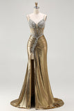 Golden Metallic Mermaid Rhinestone Long Corset Prom Dress with Slit