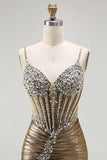 Golden Metallic Mermaid Rhinestone Long Corset Prom Dress with Slit