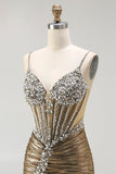 Golden Metallic Mermaid Rhinestone Long Corset Prom Dress with Slit