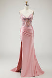 Sparkly Blush Corset Beaded Long Mermaid Prom Dress with Slit
