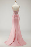 Sparkly Blush Corset Beaded Long Mermaid Prom Dress with Slit