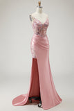 Sparkly Blush Corset Beaded Long Mermaid Prom Dress with Slit