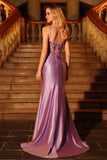 Sparkly Purple Corset Ruched Long Mermaid Prom Dress with Sequins