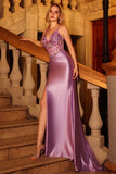 Sparkly Purple Corset Ruched Long Mermaid Prom Dress with Sequins