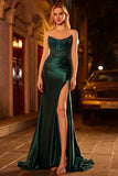 Dark Green Sparkly Beaded Strapless Mermaid Long Corset Prom Dress with Slit