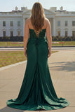 Dark Green Sparkly Beaded Strapless Mermaid Long Corset Prom Dress with Slit