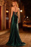 Dark Green Sparkly Beaded Strapless Mermaid Long Corset Prom Dress with Slit
