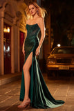 Dark Green Sparkly Beaded Strapless Mermaid Long Corset Prom Dress with Slit