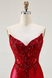 Sparkly Red Appliqued Strapless Mermaid Corset Maxi Prom Dress with Slit