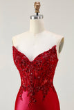 Sparkly Red Appliqued Strapless Mermaid Corset Maxi Prom Dress with Slit