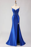 Royal Blue Appliqued Mermaid Long Corset Prom Dress with Slit