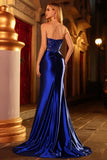 Sparkly Royal Blue Appliqued Satin Mermaid Corset Maxi Prom Dress with Slit