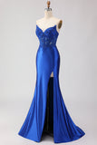 Royal Blue Appliqued Mermaid Long Corset Prom Dress with Slit
