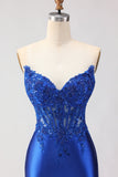 Royal Blue Appliqued Mermaid Long Corset Prom Dress with Slit
