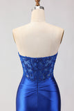 Royal Blue Appliqued Mermaid Long Corset Prom Dress with Slit