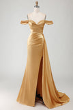 Sparkly Golden Mermaid Maxi Prom Dress with Side Cape