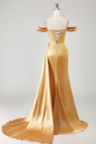 Sparkly Golden Mermaid Maxi Prom Dress with Side Cape