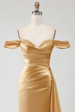 Sparkly Golden Mermaid Maxi Prom Dress with Side Cape