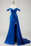 Royal Blue Mermaid Long Ruched Prom Dress with Slit