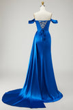 Royal Blue Mermaid Long Ruched Prom Dress with Slit