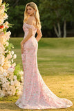 Sparkly Pink Floral Sequin Off the Shoudler Maxi Mermaid Prom Dress