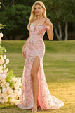 Sparkly Pink Floral Sequin Off the Shoudler Maxi Mermaid Prom Dress