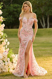 Sparkly Pink Floral Sequin Off the Shoudler Maxi Mermaid Prom Dress