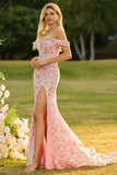 Sparkly Pink Floral Sequin Off the Shoudler Maxi Mermaid Prom Dress