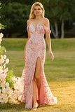 Sparkly Pink Floral Sequin Off the Shoudler Maxi Mermaid Prom Dress
