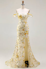 Floral Yellow Long Mermaid Prom Dress with Embroidery