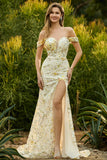 Sparkly Yellow Floral Off the Shoudler Maxi Mermaid Prom Dress with Sequins