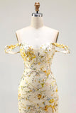 Floral Yellow Long Mermaid Prom Dress with Embroidery