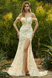 Sparkly Pink Floral Sequin Off the Shoudler Maxi Mermaid Prom Dress