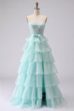 Pink Tiered Sweetheart Princess Ruffled Maxi Corset Prom Dress with Slit