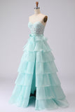 Green Tiered Sweetheart A Line Long Corset Prom Dress with Slit