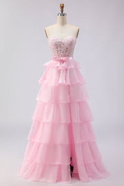 Pink Sweetheart A Line Ruffled Long Corset Tiered Prom Dress with Slit