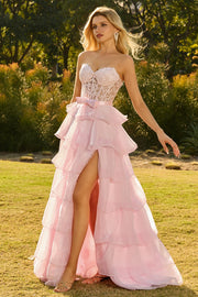 Pink Tiered Sweetheart Princess Ruffled Maxi Corset Prom Dress with Slit