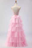 Pink Tiered Sweetheart Princess Ruffled Maxi Corset Prom Dress with Slit