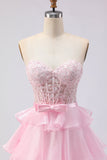 Pink Sweetheart A Line Ruffled Long Corset Tiered Prom Dress with Slit