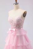 Pink Sweetheart A Line Ruffled Long Corset Tiered Prom Dress with Slit