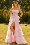 Pink Tiered Sweetheart Princess Ruffled Maxi Corset Prom Dress with Slit