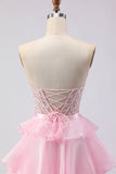Pink Sweetheart A Line Ruffled Long Corset Tiered Prom Dress with Slit