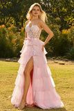 Pink Tiered Sweetheart Princess Ruffled Maxi Corset Prom Dress with Slit