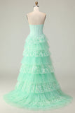 Green Ruffled Strapless Corset Long Prom Dress with Bow
