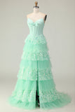 Green Ruffled Strapless Corset Long Prom Dress with Bow
