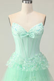 Green Ruffled Strapless Corset Long Prom Dress with Bow