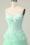 Green Ruffled Strapless Corset Long Prom Dress with Bow