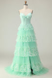Green Ruffled Strapless Corset Long Prom Dress with Bow
