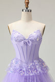 Sparkly Purple A Line Corset Strapless Long Prom Dress with Butterflies